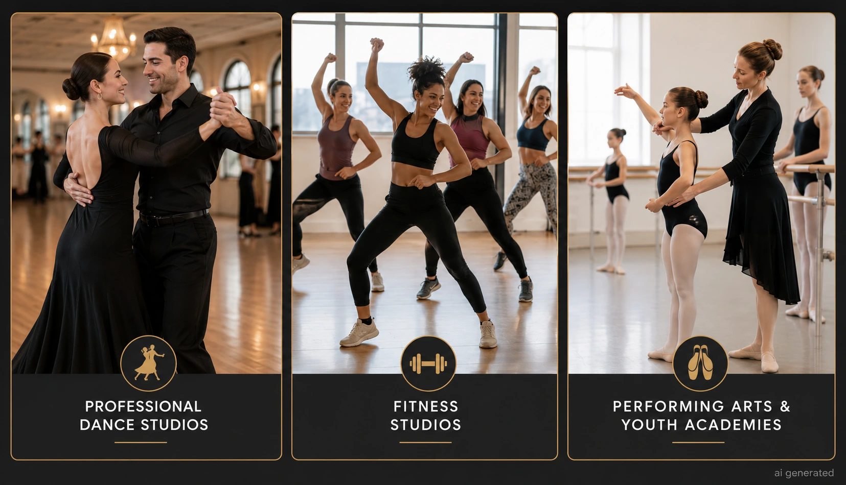 Three panels comparing professional dance studios, fitness studios, and performing arts and youth academies, helping you find adult dance classes in Philadelphia